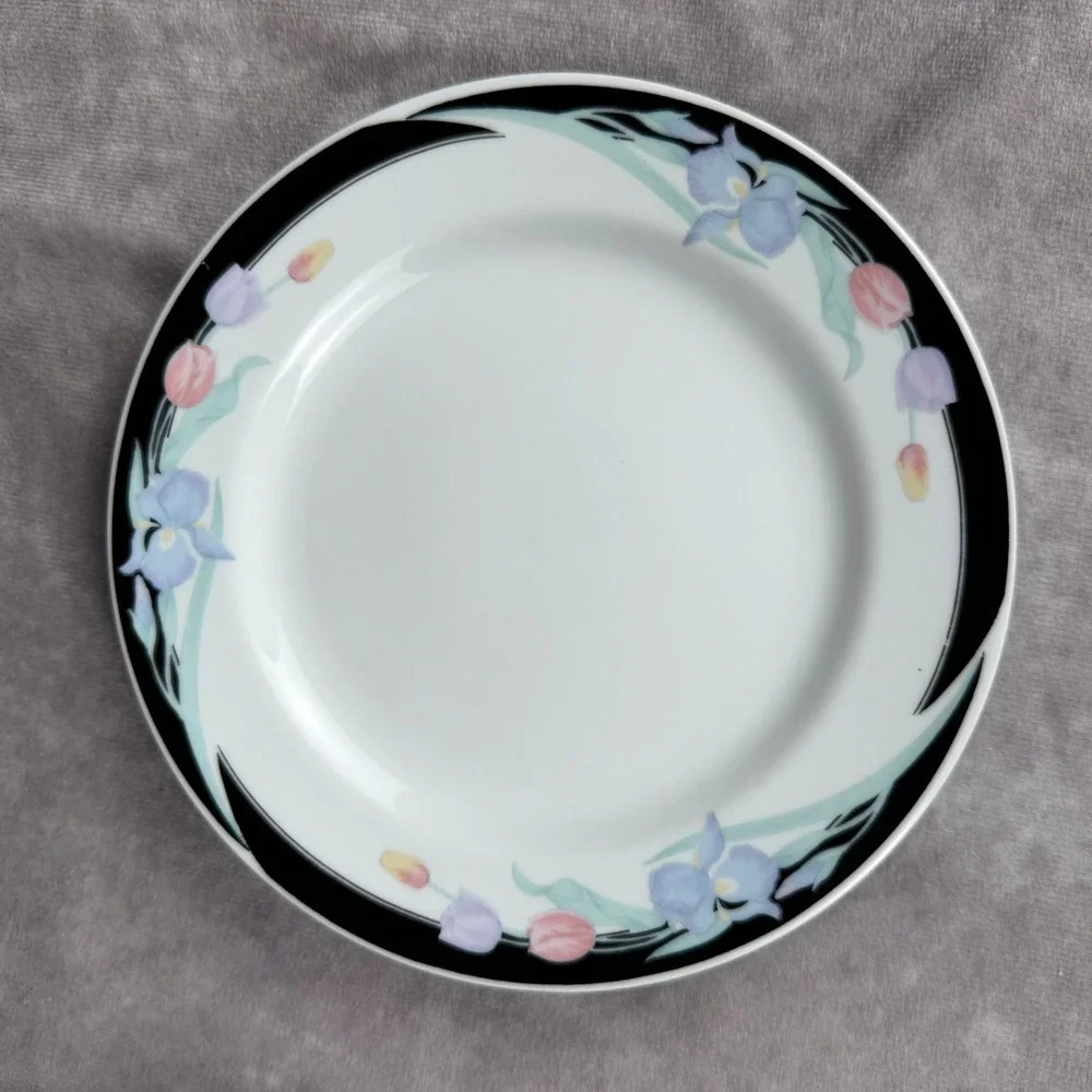 Vtg Caravel by‎ Excel Gravy Boat & Saucer Set Blk Border Pastel Iris Tulip China